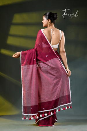 Maroon Handloom Jamdani Saree | Geometric Motifs | Minimal Border | Tamal Boutique