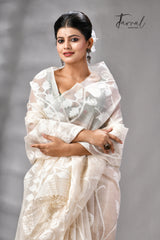 Offwhite Self Allover Rose Motifs Handwoven Muslin Silk Jamdani Saree