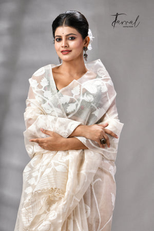 Offwhite Self Allover Rose Motifs Handwoven Muslin Silk Jamdani Saree