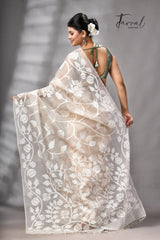 Offwhite Self Allover Rose Motifs Handwoven Muslin Silk Jamdani Saree