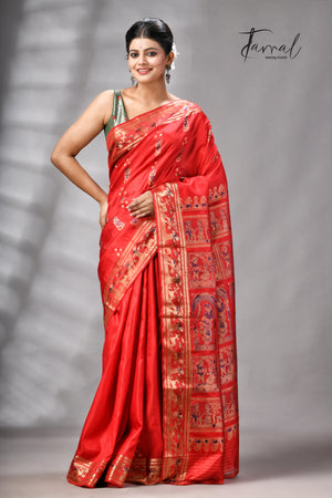 Red bishnupuri Katan swarnachari silk handloom saree