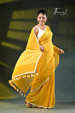 Mustard Yellow Handloom Jamdani Saree | Geometric Motifs | Minimal Border | Tamal Boutique