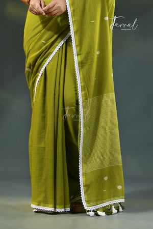 Green Handloom Jamdani Saree | Geometric Motifs | Minimal Border | Tamal Boutique