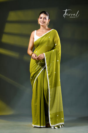 Green Handloom Jamdani Saree | Geometric Motifs | Minimal Border | Tamal Boutique