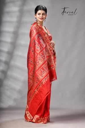 Red bishnupuri Katan swarnachari silk handloom saree