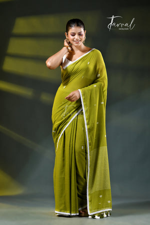 Green Handloom Jamdani Saree | Geometric Motifs | Minimal Border | Tamal Boutique