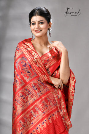 Red bishnupuri Katan swarnachari silk handloom saree