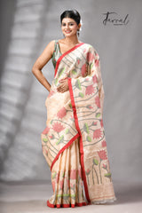 Muga With Red Border Tussar Silk Lotus Design Handwoven Jamdani Saree