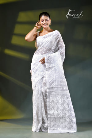 White self handloom dhakai jamdani saree