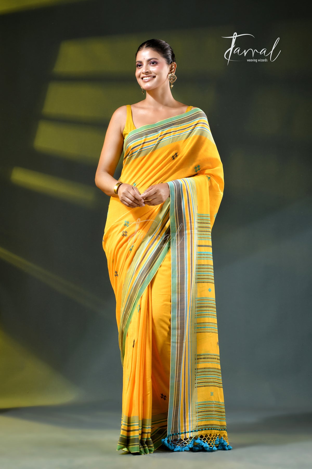 Yellow colour cotton handloom bhujodi saree