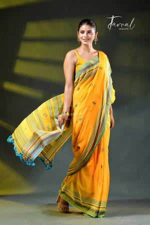 Yellow colour cotton handloom bhujodi saree