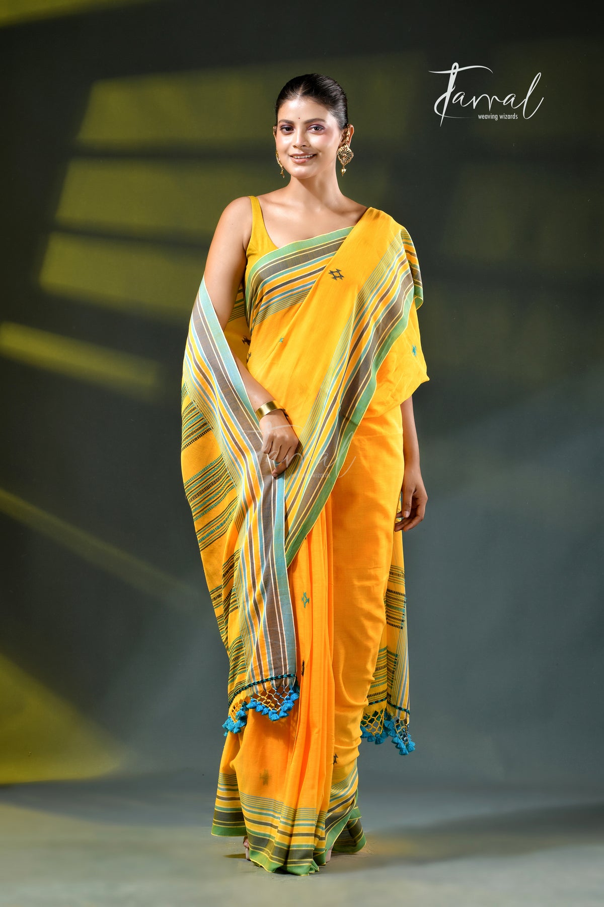 Yellow colour cotton handloom bhujodi saree