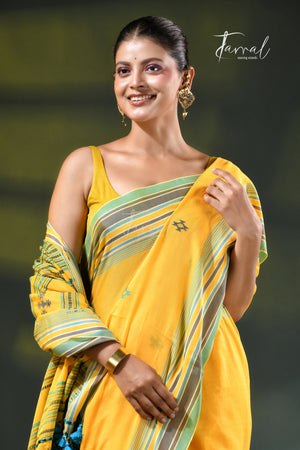 Yellow with green border pure cotton handloom bhujodi saree