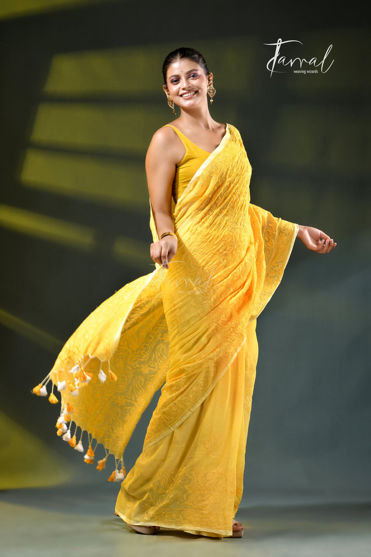 Yellow colour mulmul cotton handloom embroidery saree