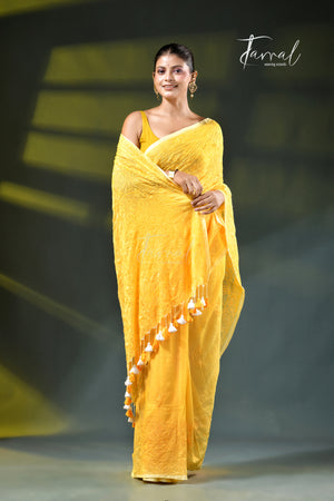 Yellow colour mulmul cotton handloom embroidery saree