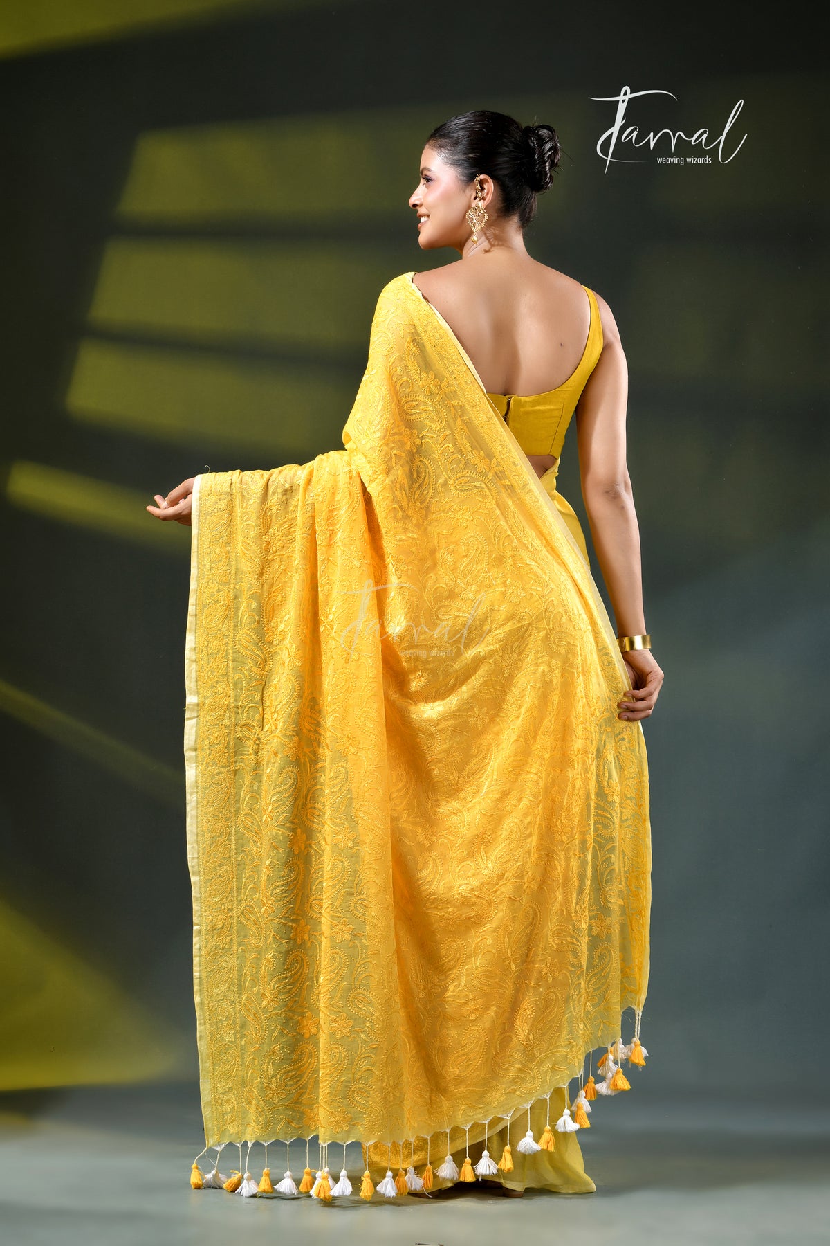 Yellow colour mulmul cotton handloom embroidery saree