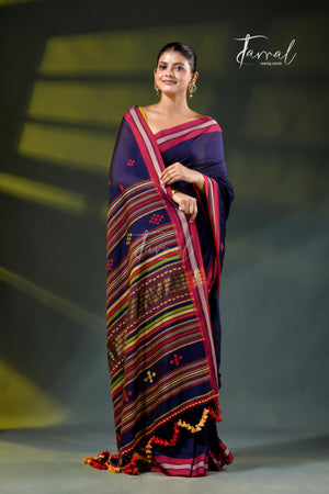 Navy blue with maroon border pure cotton handloom bhujodi saree
