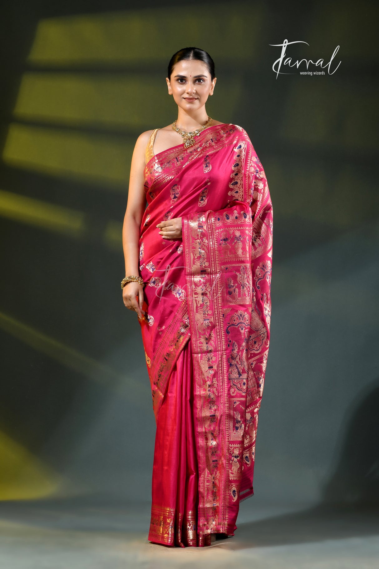 Deep Rani colour with gold zari bishnupuri swarnachari silk handloom saree