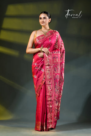 Rani Pink with golden zari bishnupuri swarnachari silk handloom saree