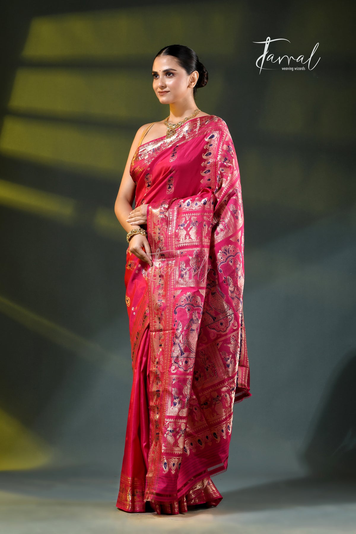 Rani Pink with golden zari bishnupuri swarnachari silk handloom saree