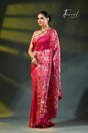 Rani Pink with golden zari bishnupuri swarnachari silk handloom saree