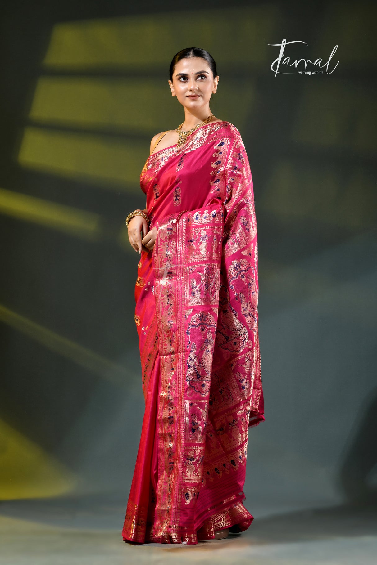 Deep Rani colour with gold zari bishnupuri swarnachari silk handloom saree