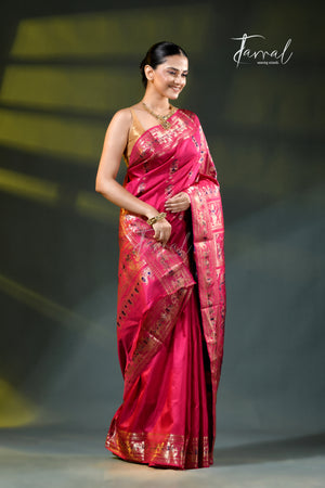 Deep Rani colour with gold zari bishnupuri swarnachari silk handloom saree