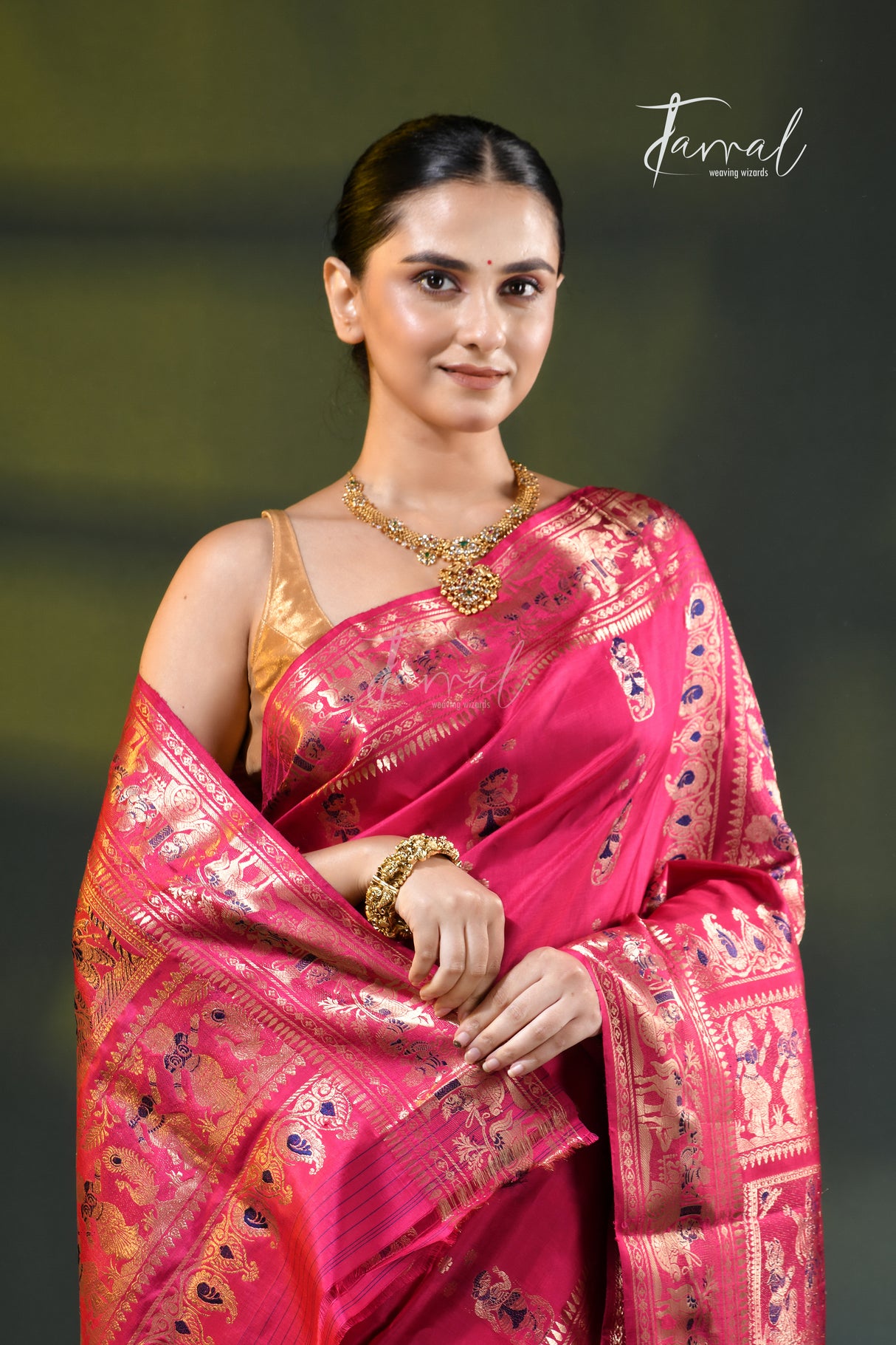 Deep Rani colour with gold zari bishnupuri swarnachari silk handloom saree
