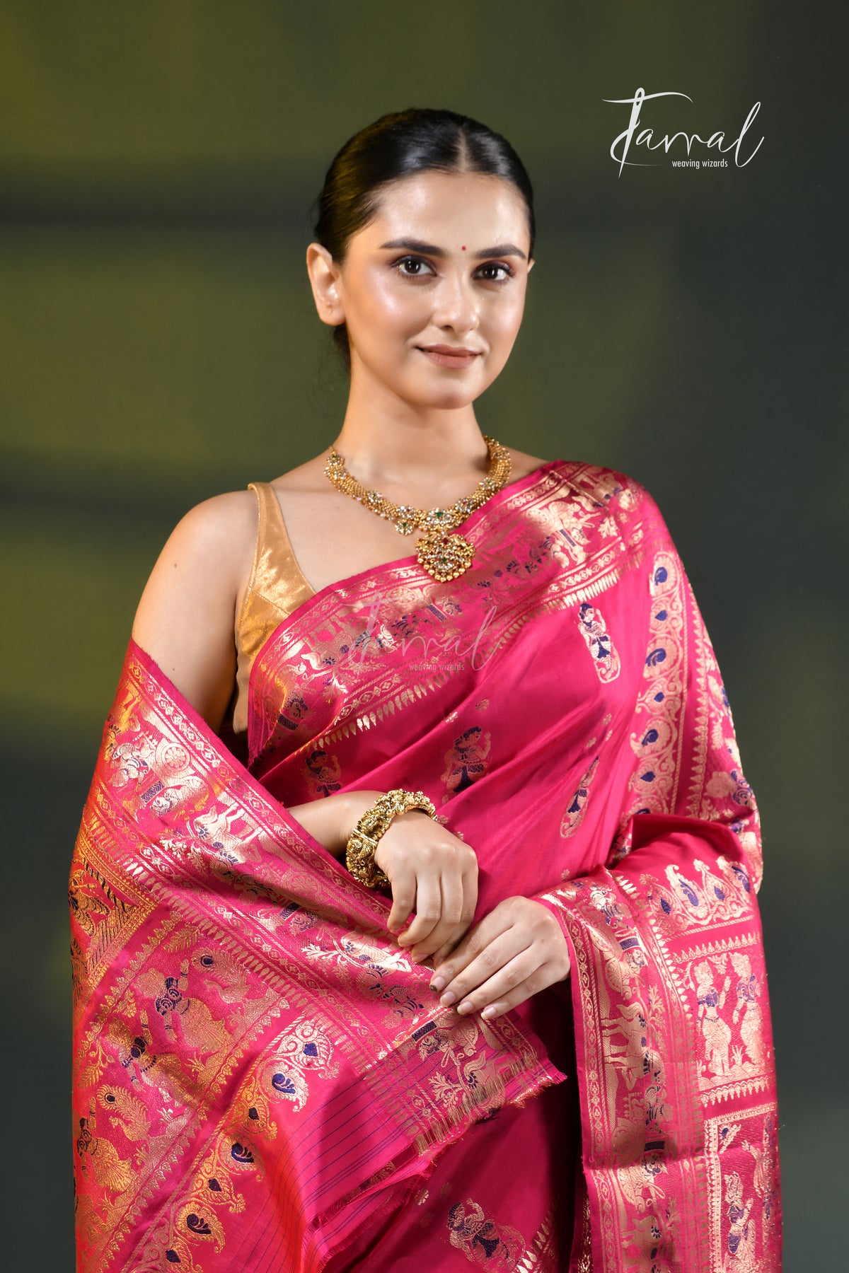 Rani Pink with golden zari bishnupuri swarnachari silk handloom saree