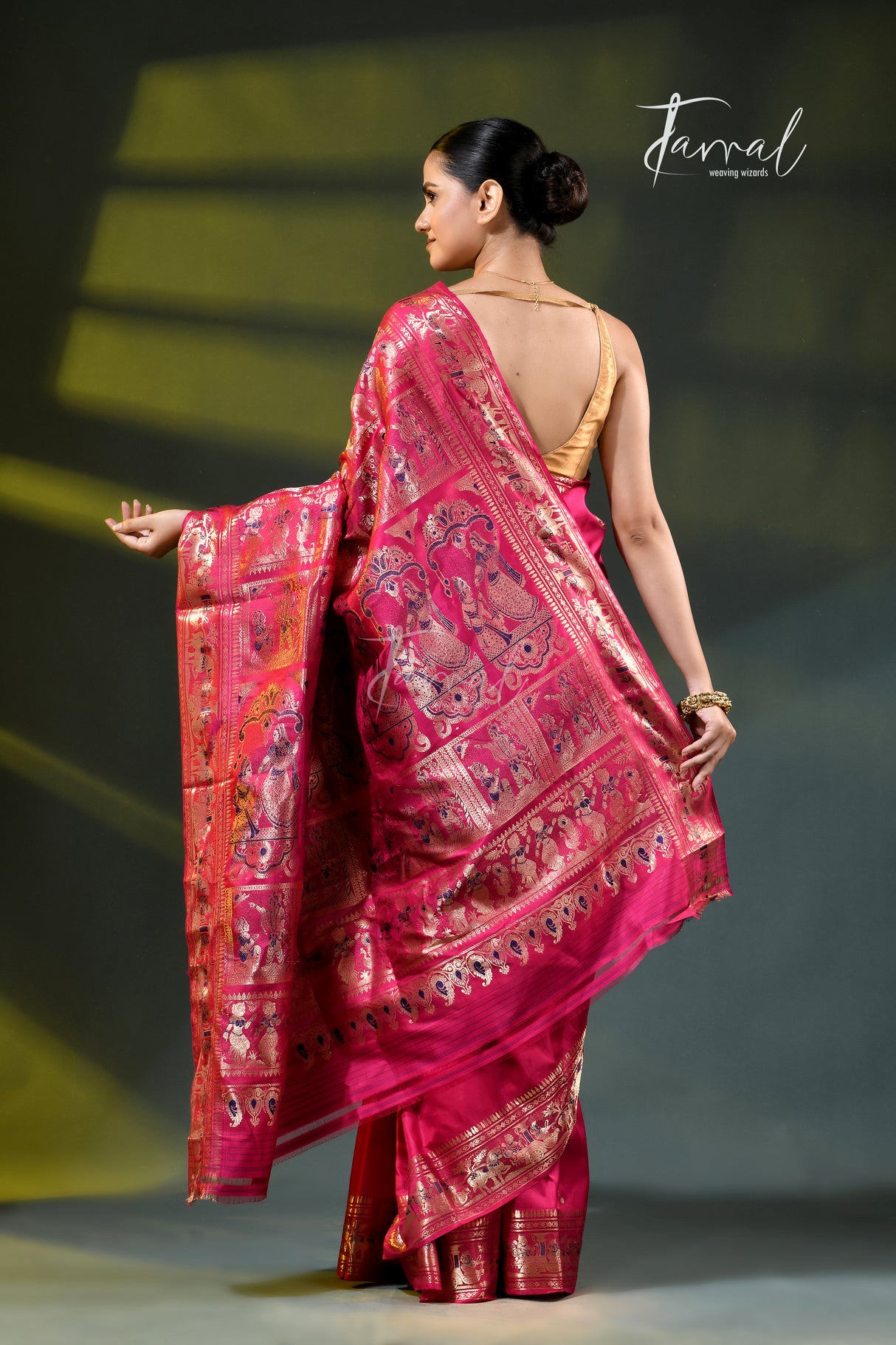 Deep Rani colour with gold zari bishnupuri swarnachari silk handloom saree