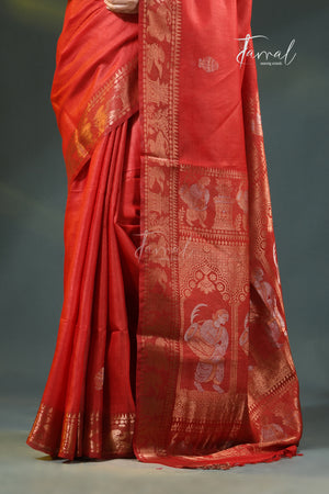 Red with gold zari tussar silk baluchari handloom saree