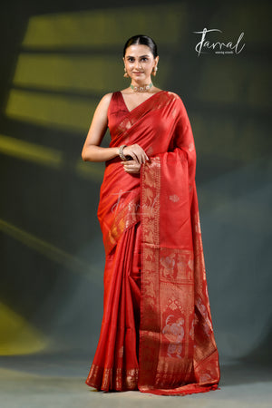 Red with gold zari tussar silk baluchari handloom saree