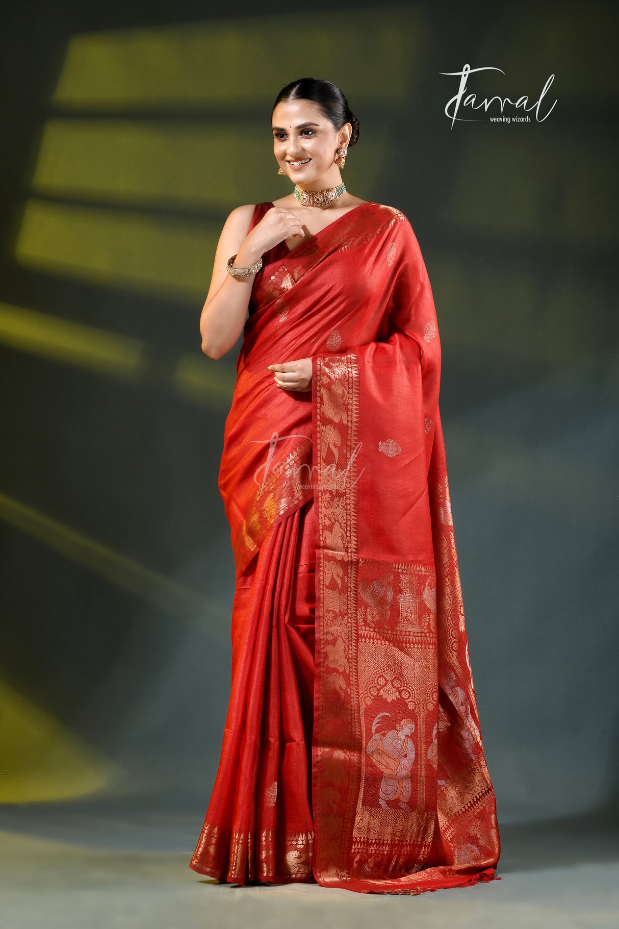 Red with gold zari tussar silk baluchari handloom saree