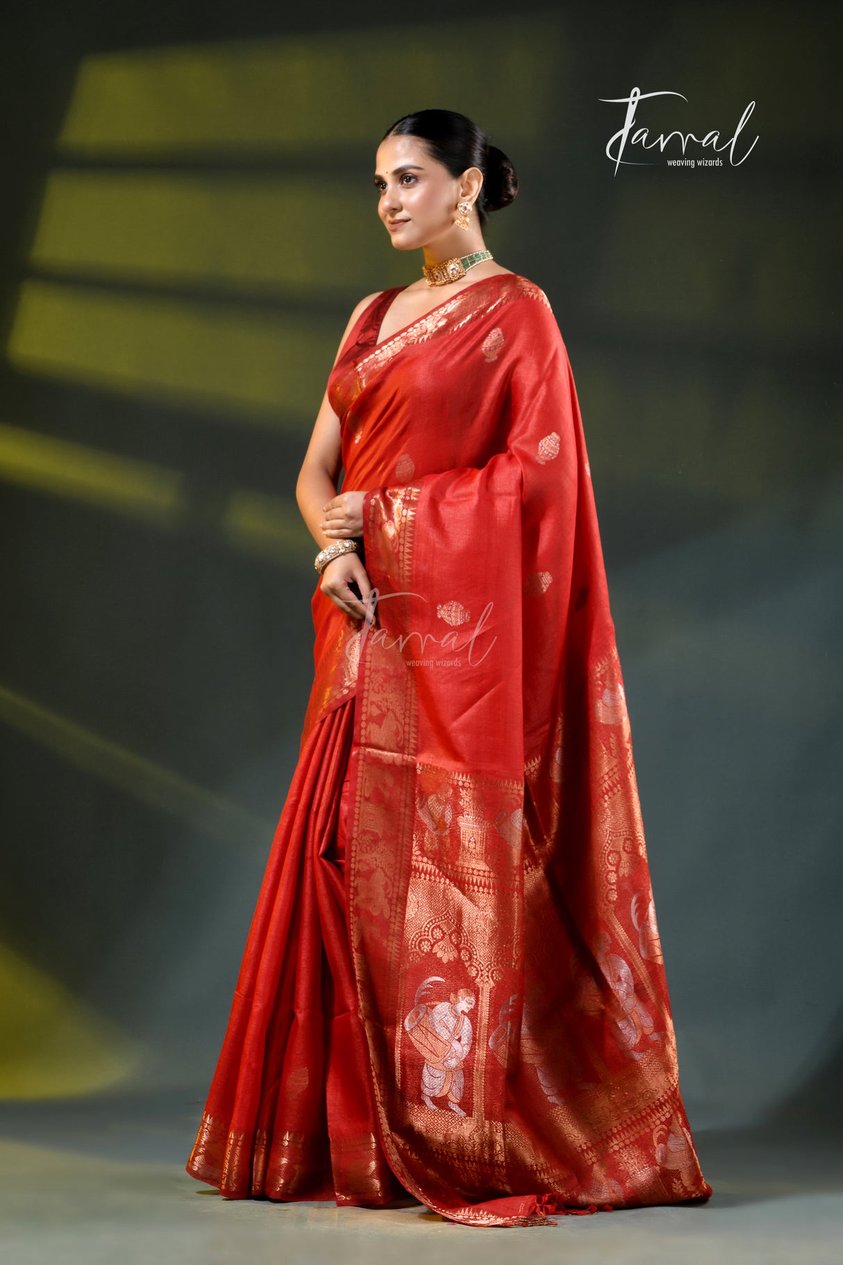 Red with gold zari tussar silk baluchari handloom saree