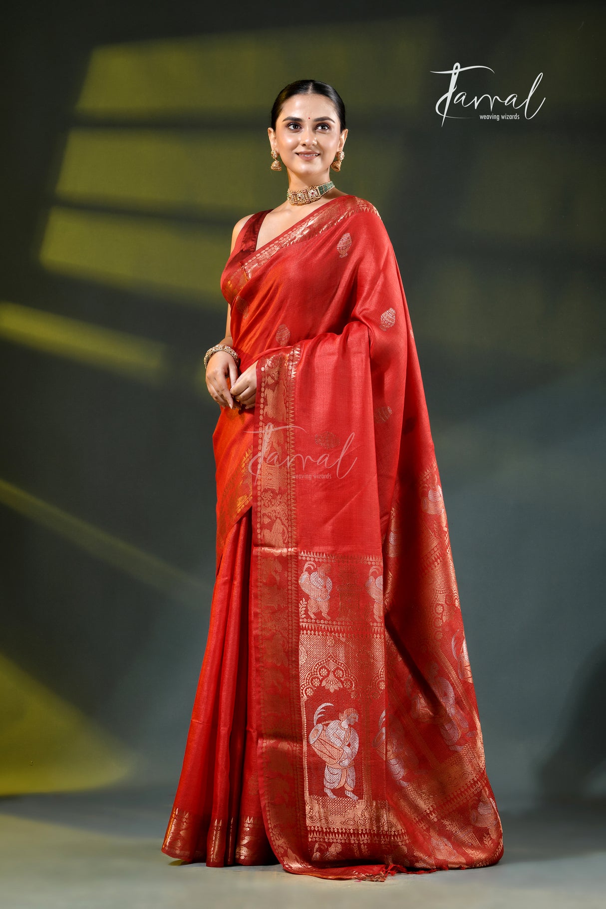 Red with gold zari tussar silk baluchari handloom saree