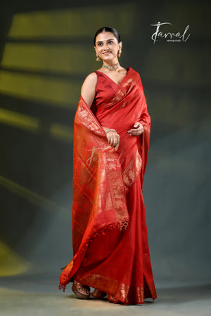 Red with gold zari tussar silk baluchari handloom saree