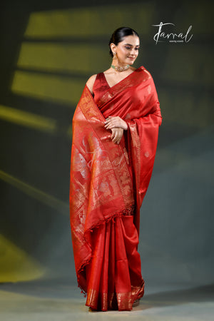 Red with gold zari tussar silk baluchari handloom saree
