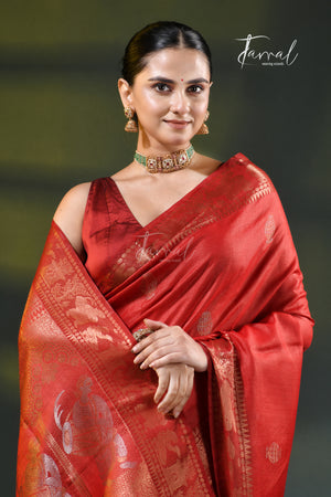 Red with gold zari tussar silk baluchari handloom saree
