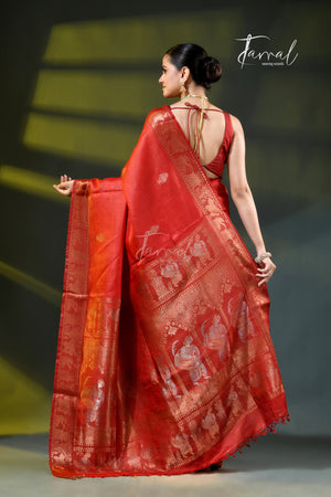 Red with gold zari tussar silk baluchari handloom saree