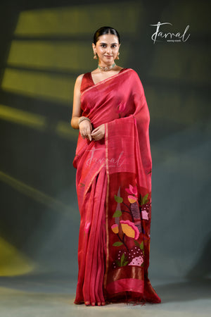 Red with golden zari silk linen handwoven jamdani saree