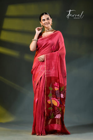 Red with golden zari silk linen handwoven jamdani saree