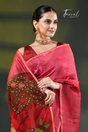 Red with golden zari silk linen handwoven jamdani saree