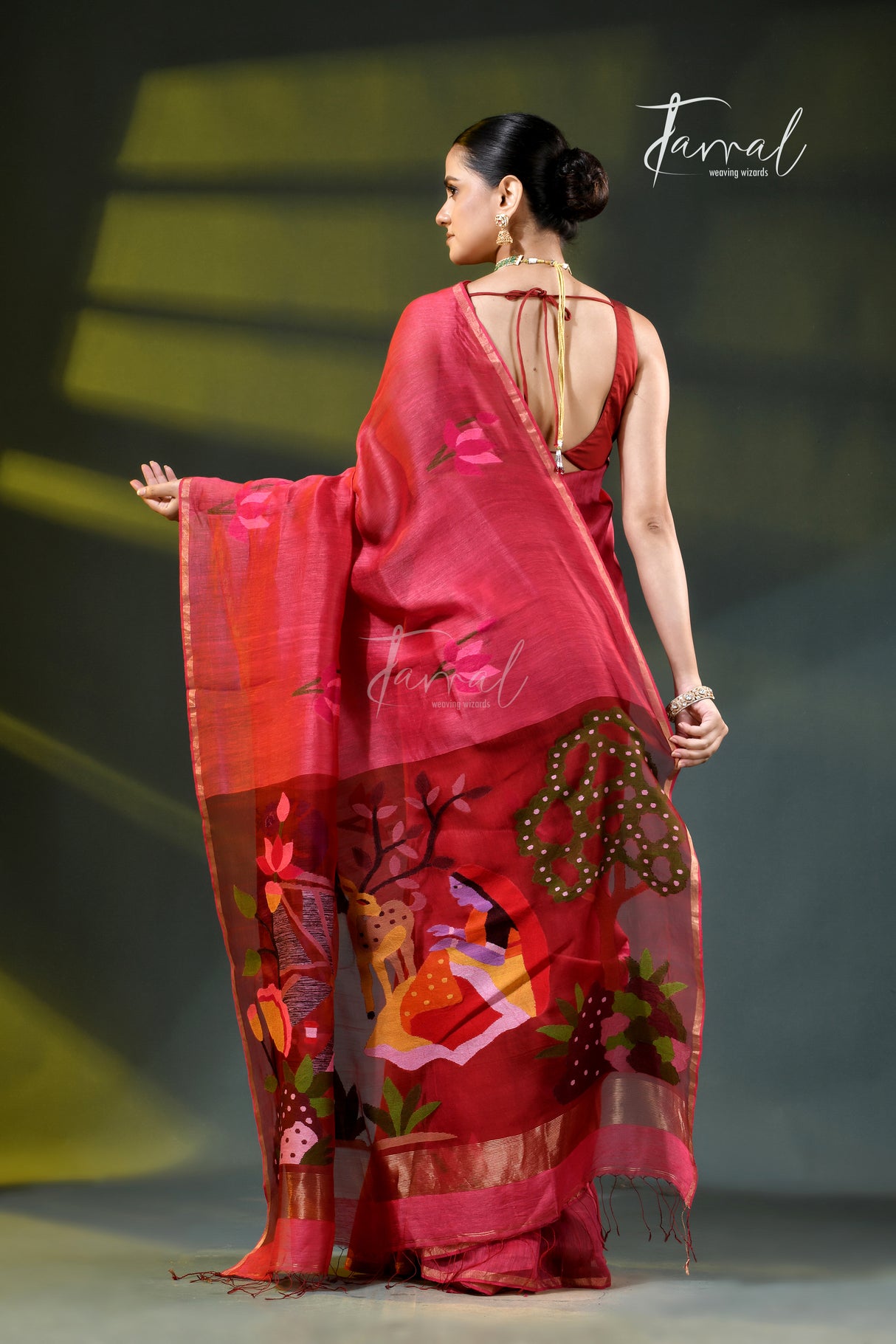 Red with golden zari silk linen handwoven jamdani saree