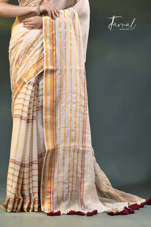 Offwhite with zari striped mulmul cotton handloom saree