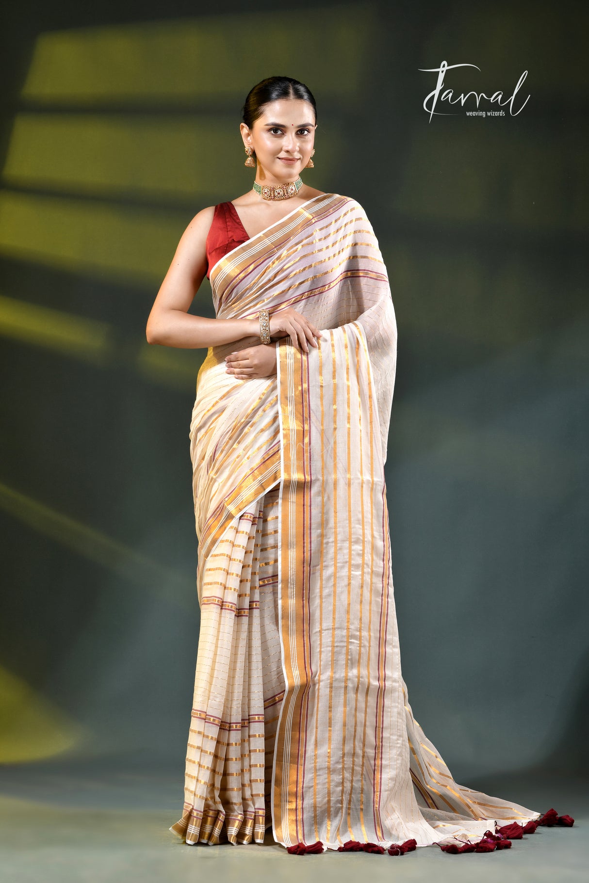 Offwhite with zari striped mulmul cotton handloom saree