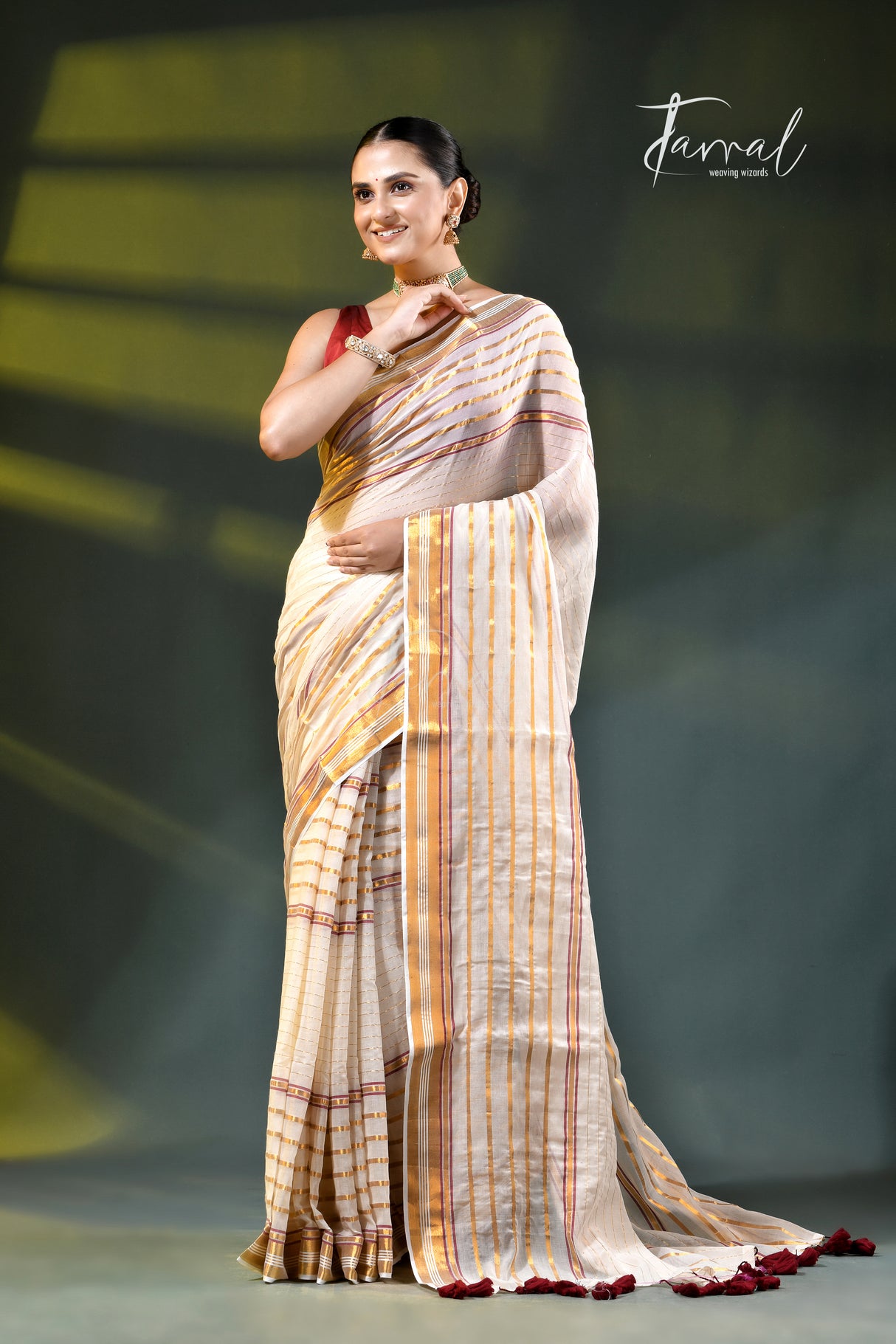 Offwhite with zari striped mulmul cotton handloom saree