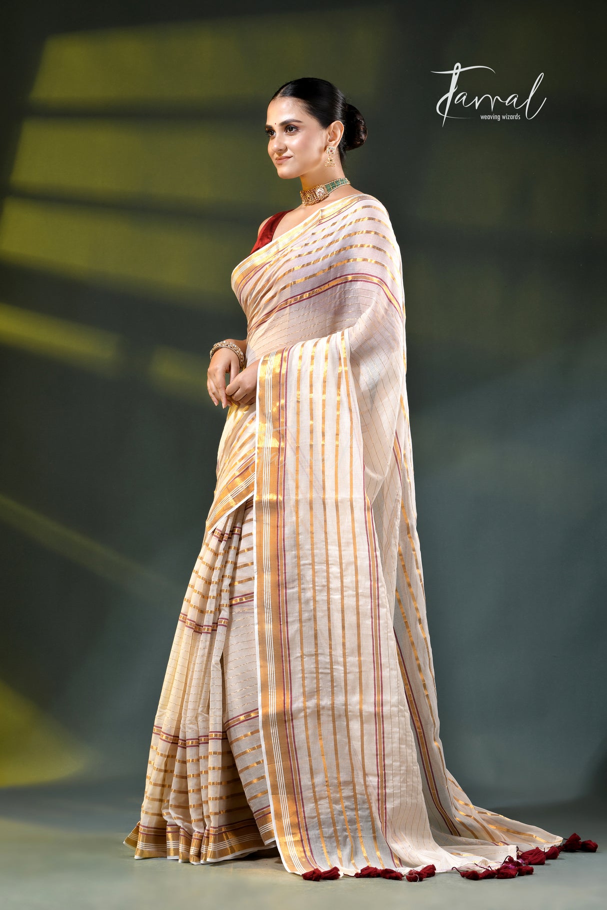 Offwhite with zari striped mulmul cotton handloom saree