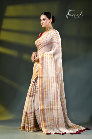 Offwhite with zari striped mulmul cotton handloom saree