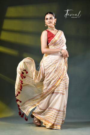 Offwhite with zari striped mulmul cotton handloom saree