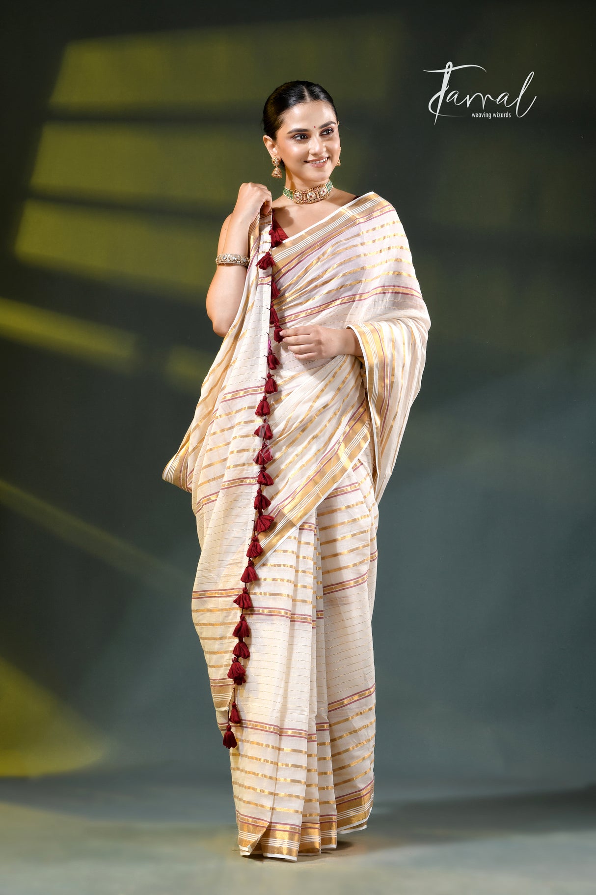 Offwhite with zari striped mulmul cotton handloom saree